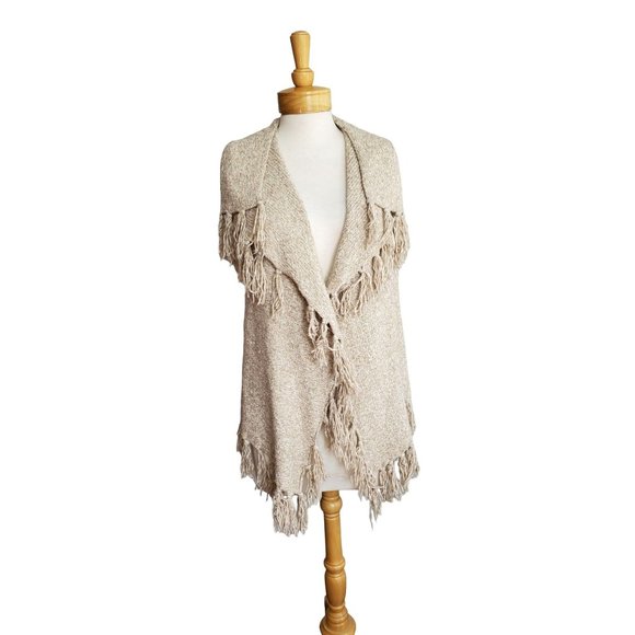 Kensie Knit Shawl Sweater Vest w/Fringe Marled Tan/Beige Boho Cozy Sz XS - Picture 4 of 10